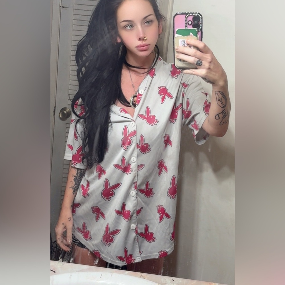 PLAYBOY White and Pink Button-Up Top